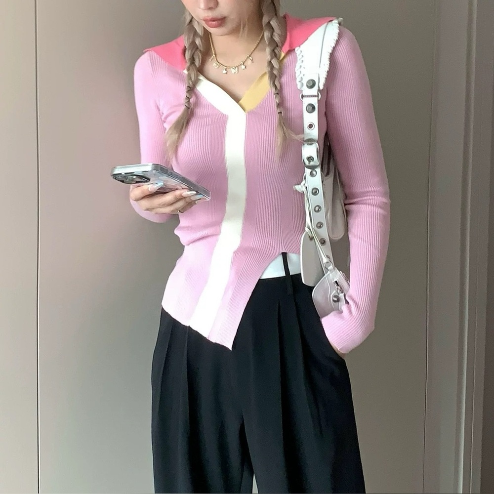 Pink and Cream V-Neck Sweater